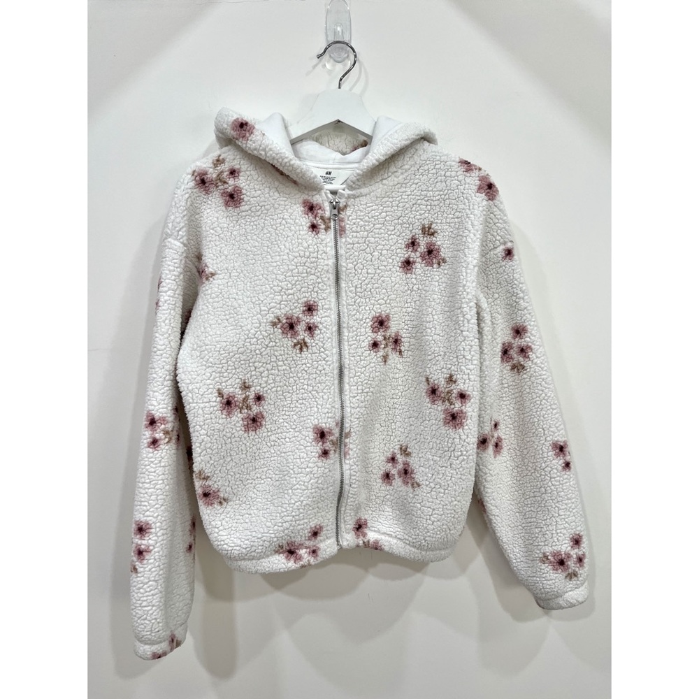 H&M Kids Floral Teddy Fleece Hooded Jacket White Pink Flowers Size 14/16 XL - Picture 3 of 7
